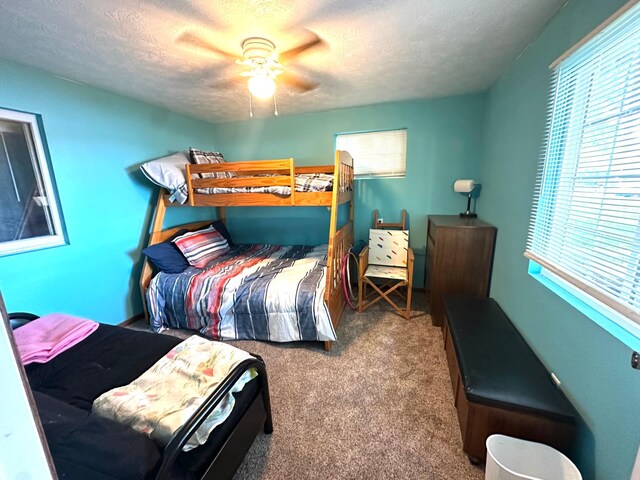 10285 237th Ave, Spirit Lake, IA 51360 - carpeted bedroom featuring a textured ceiling, multiple windows, and a ceiling fan