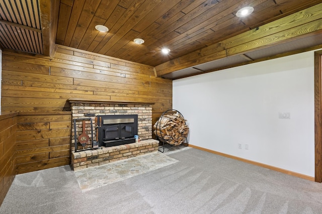 8341 Abbott Ave N, Brooklyn Park, MN 55443 - unfurnished living room with carpet, recessed lighting, wooden ceiling, wood walls, and a fireplace