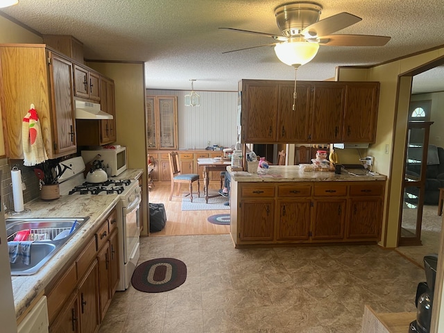 62871 230th St, Litchfield, MN 55355 - kitchen with gas range gas stove, under cabinet range hood, ceiling fan, brown cabinets, and light flooring