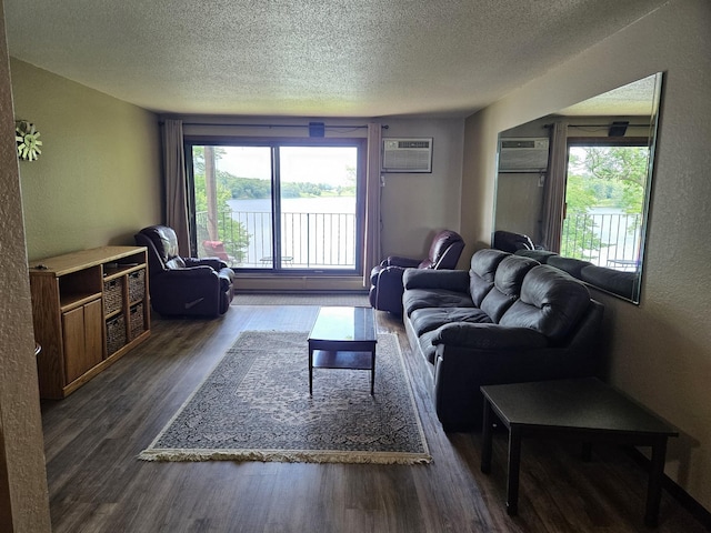 30675 Park St Unit 209, Lindstrom, MN 55045 - living area featuring a textured ceiling, dark wood-style flooring, a wall mounted AC, plenty of natural light, and a textured wall