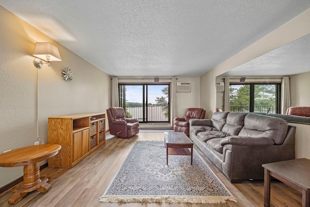 30675 Park St Unit 209, Lindstrom, MN 55045 - living room with a textured ceiling, a wall unit AC, light wood-type flooring, and a textured wall