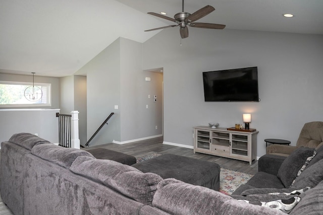 3875 Virgo Ln SW, Rochester, MN 55902 - living area featuring wood finished floors, a chandelier, ceiling fan, recessed lighting, and high vaulted ceiling