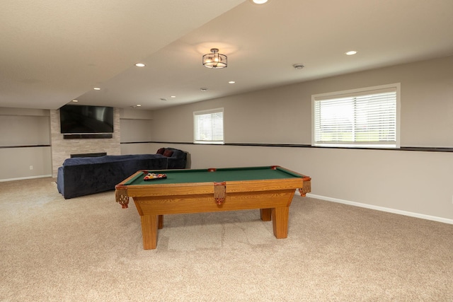 3875 Virgo Ln SW, Rochester, MN 55902 - game room featuring carpet flooring, recessed lighting, billiards table, and a fireplace