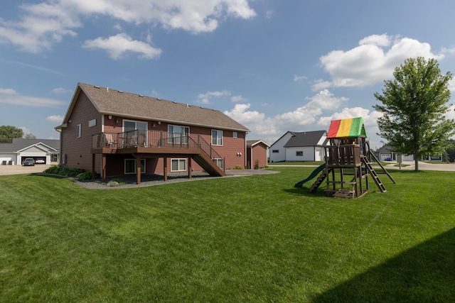 3875 Virgo Ln SW, Rochester, MN 55902 - rear view of house with stairs, a playground, a lawn, and a deck