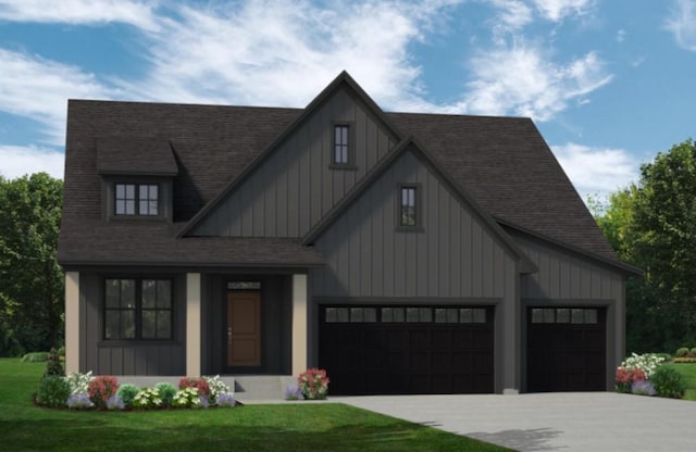 4559 Meadowview Ln, Minnetrista, MN 55331 - view of front of home with concrete driveway, roof with shingles, board and batten siding, a front lawn, and a garage