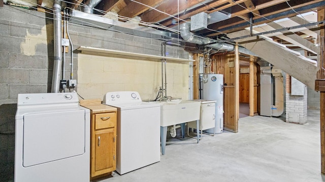 507 15th St SE, Menomonie, WI 54751 - washroom featuring electric water heater, washer and dryer, heating unit, and cabinet space
