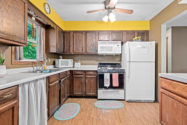 5781 Needham Ave NE, Saint Michael, MN 55376 - kitchen with white appliances, light wood finished floors, light countertops, ceiling fan, and dark brown cabinets