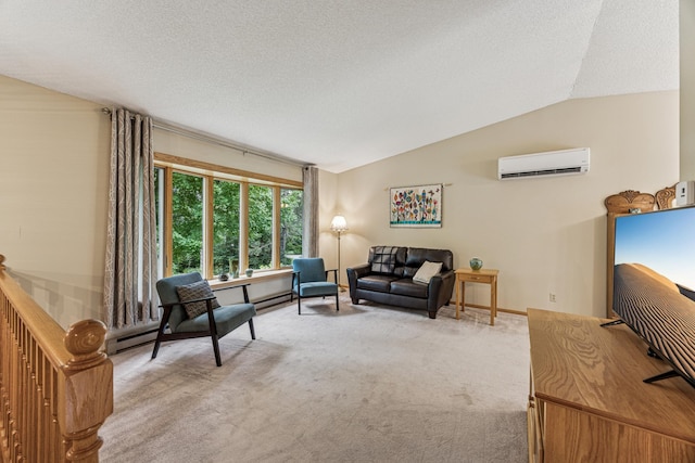 487 Lois Ln, Lino Lakes, MN 55014 - living room featuring a wall unit AC, lofted ceiling, light colored carpet, and a textured ceiling