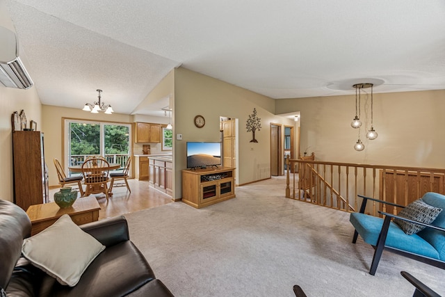 487 Lois Ln, Lino Lakes, MN 55014 - living area with a chandelier, an AC wall unit, light colored carpet, and vaulted ceiling