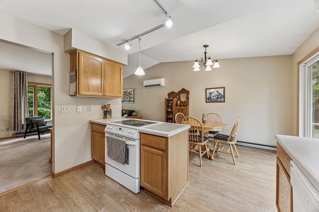 487 Lois Ln, Lino Lakes, MN 55014 - kitchen featuring white appliances, a wall mounted air conditioner, rail lighting, a peninsula, and light wood-style flooring