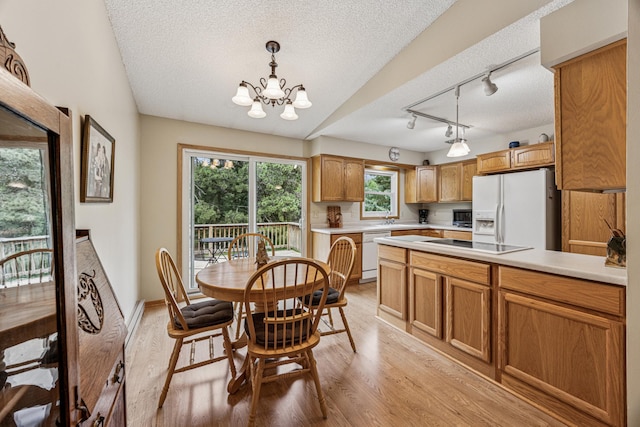 487 Lois Ln, Lino Lakes, MN 55014 - dining space with light wood-type flooring, a textured ceiling, a chandelier, and track lighting