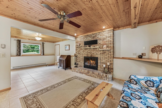 487 Lois Ln, Lino Lakes, MN 55014 - unfurnished living room with a baseboard radiator, wooden ceiling, tile patterned flooring, a brick fireplace, and ceiling fan