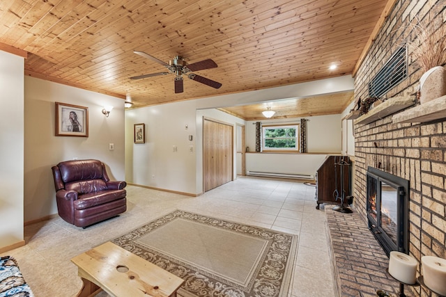 487 Lois Ln, Lino Lakes, MN 55014 - living room featuring a baseboard heating unit, wood ceiling, light tile patterned floors, a brick fireplace, and a ceiling fan