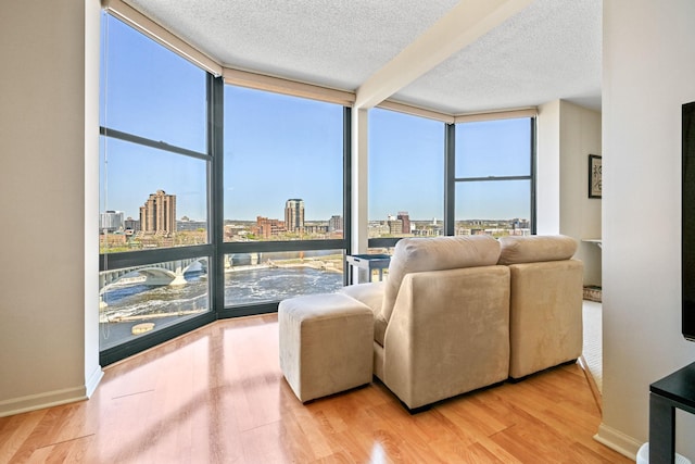401 1st St Unit 1312, Minneapolis, MN 55401 - living area with a view of city, plenty of natural light, a wall of windows, wood finished floors, and a textured ceiling