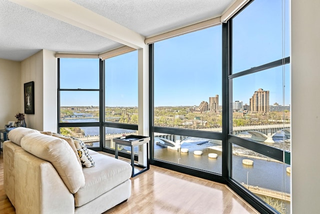 401 1st St Unit 1312, Minneapolis, MN 55401 - living room with floor to ceiling windows, wood finished floors, a water view, a textured ceiling, and a view of city