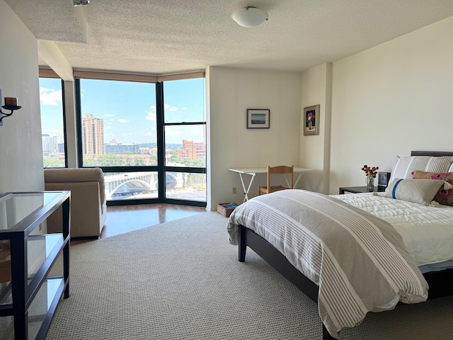 401 1st St Unit 1312, Minneapolis, MN 55401 - carpeted bedroom featuring floor to ceiling windows, a view of city, and a textured ceiling