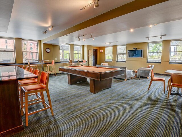 401 1st St Unit 1312, Minneapolis, MN 55401 - playroom featuring track lighting, carpet floors, and pool table