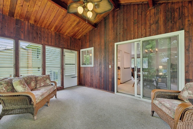6240 Decatur Ave N, Brooklyn Park, MN 55428 - sunroom featuring wood walls, carpet, a ceiling fan, a wood ceiling with exposed beams, and high vaulted ceiling