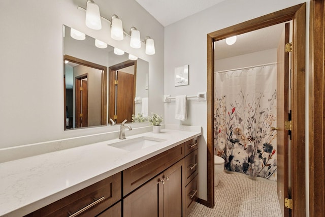 6240 Decatur Ave N, Brooklyn Park, MN 55428 - full bath featuring vanity, tile patterned flooring, and a shower with curtain