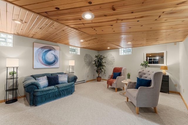 1228 Palace Ave, Saint Paul, MN 55105 - living area with wooden ceiling, carpet flooring, a baseboard radiator, plenty of natural light, and recessed lighting