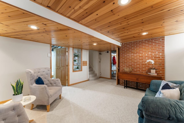 1228 Palace Ave, Saint Paul, MN 55105 - carpeted living room featuring wooden ceiling, stairway, and recessed lighting