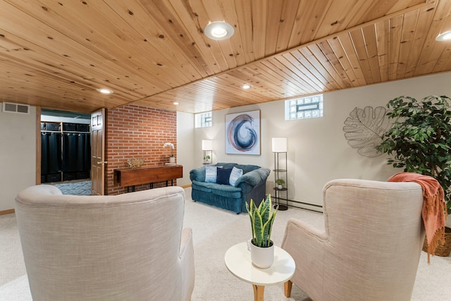 1228 Palace Ave, Saint Paul, MN 55105 - carpeted living area with baseboard heating, wood ceiling, and recessed lighting