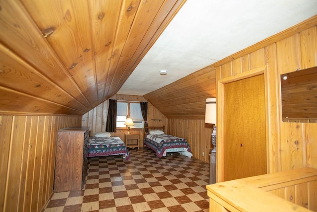 1705 California Ave E, Saint Paul, MN 55106 - bedroom featuring wood walls, tile patterned floors, and lofted ceiling