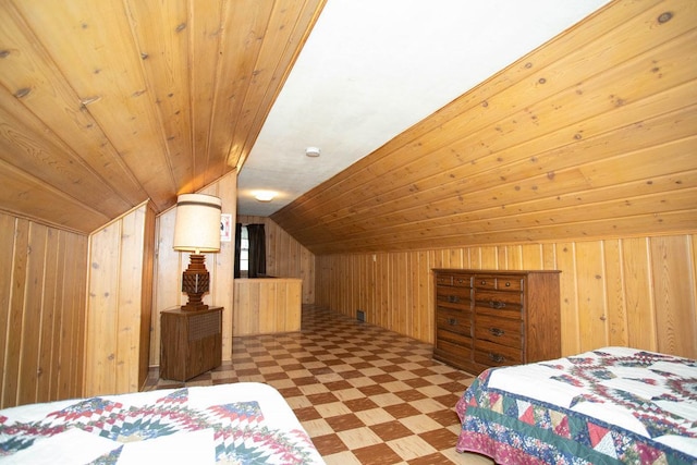 1705 California Ave E, Saint Paul, MN 55106 - bedroom featuring wood walls, tile patterned floors, lofted ceiling, and wooden ceiling