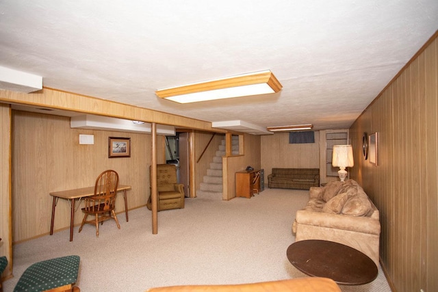 1705 California Ave E, Saint Paul, MN 55106 - living room featuring stairway, wood walls, and carpet
