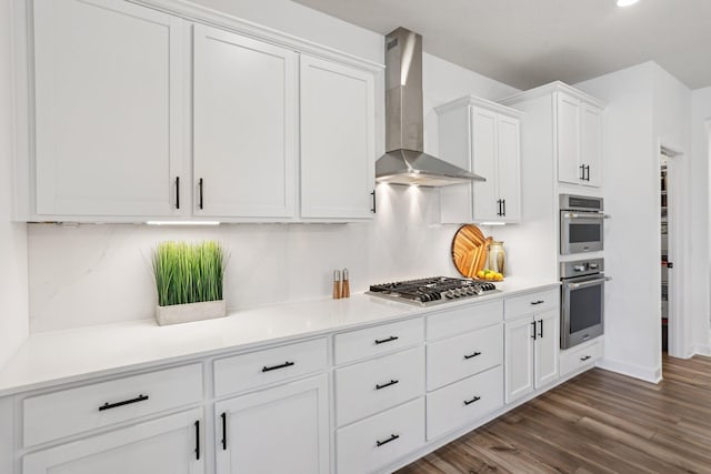 15101 Quince St NW, Andover, MN 55304 - kitchen with wall chimney range hood, stainless steel appliances, white cabinetry, dark wood-type flooring, and light countertops