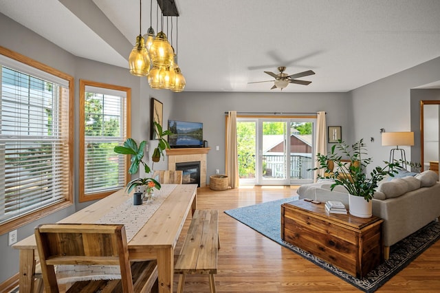 1358 Phalen Blvd, Saint Paul, MN 55106 - living room with ceiling fan, a tiled fireplace, light wood-type flooring, and a chandelier