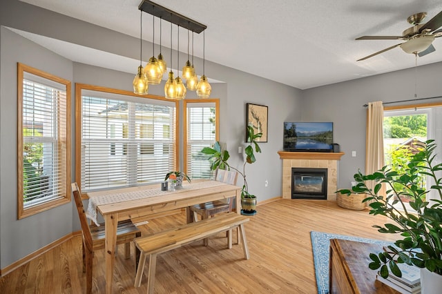 1358 Phalen Blvd, Saint Paul, MN 55106 - dining room featuring wood finished floors, a fireplace, a ceiling fan, and a chandelier