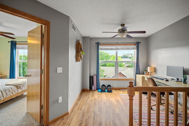 1358 Phalen Blvd, Saint Paul, MN 55106 - bedroom featuring multiple windows, wood finished floors, a textured ceiling, and ceiling fan