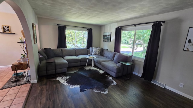 1515 3rd Ave NE, Owatonna, MN 55060 - living room featuring a textured ceiling, arched walkways, and wood finished floors