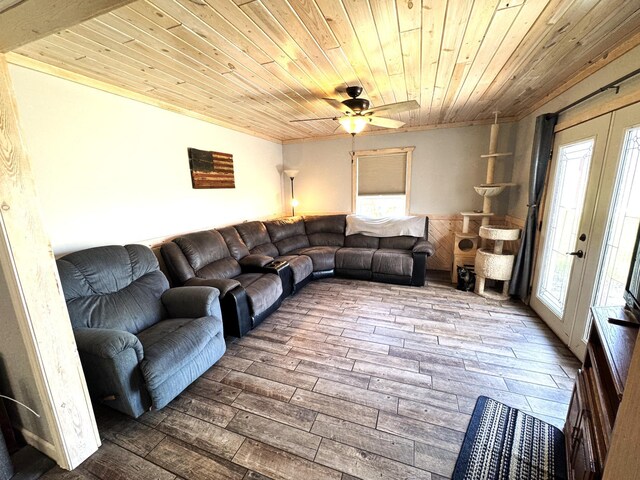46313 St Lawrence Dr, Otto Twp, MN 56573 - living area with wooden ceiling, a ceiling fan, french doors, and hardwood / wood-style flooring