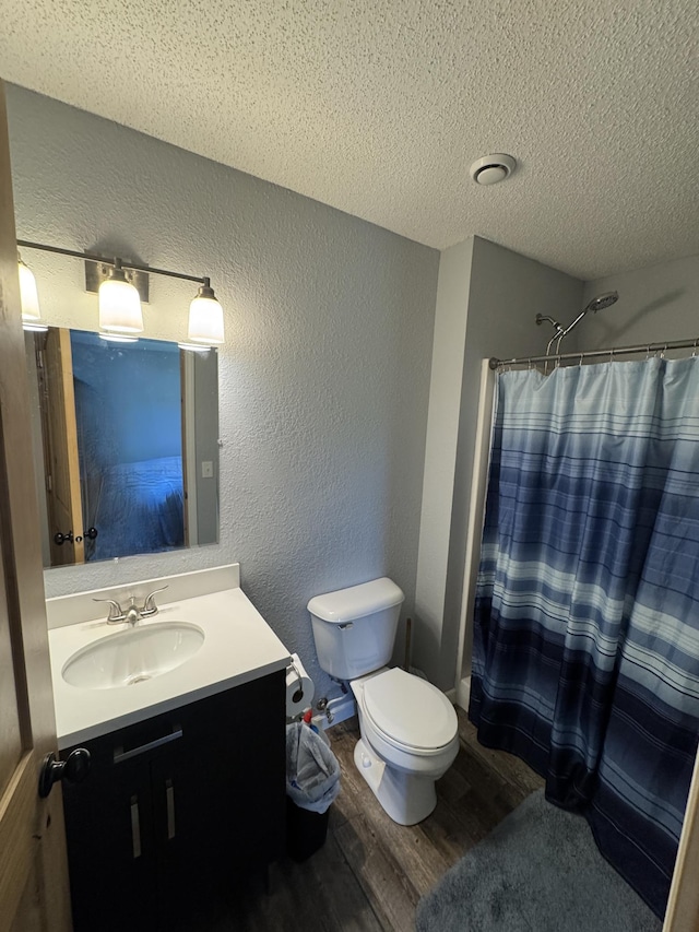 46313 St Lawrence Dr, Otto Twp, MN 56573 - bathroom with wood finished floors, a textured ceiling, vanity, a shower with curtain, and a textured wall