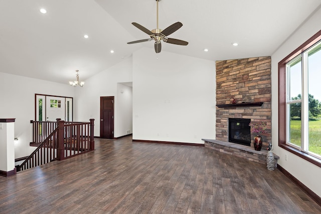 11039 285th Ave, Zimmerman, MN 55398 - unfurnished living room featuring wood finished floors, a fireplace, plenty of natural light, ceiling fan, and recessed lighting