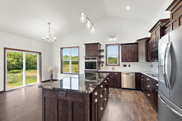 11039 285th Ave, Zimmerman, MN 55398 - kitchen with stainless steel appliances, open shelves, dark wood-style flooring, backsplash, and dark brown cabinetry