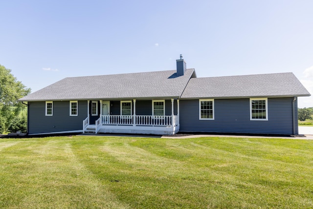 66182 310th Ave, Lake City, MN 55041 - ranch-style house with a porch, a chimney, a front lawn, and roof with shingles