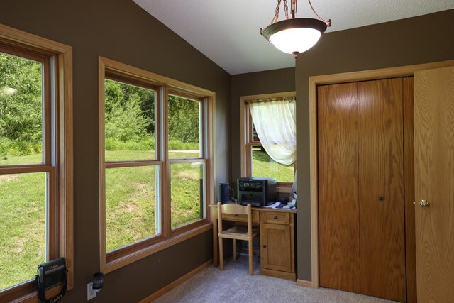410 Pospeck Ln, Hoyt Lakes, MN 55750 - office with lofted ceiling, light carpet, and healthy amount of natural light
