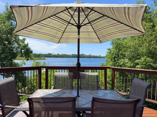 410 Pospeck Ln, Hoyt Lakes, MN 55750 - deck with outdoor dining space and a water view