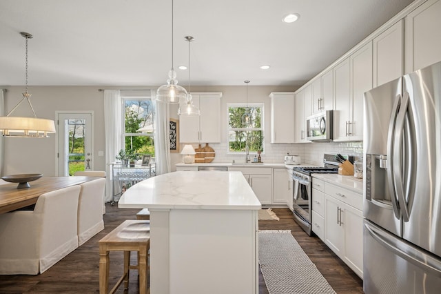 3702 112th Cir NE, Blaine, MN 55449 - kitchen featuring stainless steel appliances, tasteful backsplash, a kitchen breakfast bar, a center island, and white cabinetry