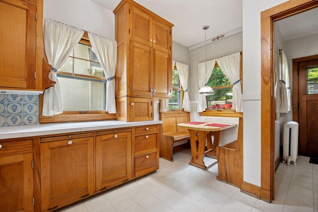 73 Arthur Ave SE, Minneapolis, MN 55414 - kitchen featuring radiator, light countertops, brown cabinetry, and plenty of natural light