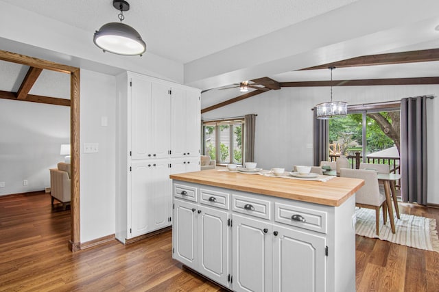 7401 River Shore Ln, Champlin, MN 55316 - kitchen featuring wooden counters, white cabinetry, dark wood-type flooring, and ceiling fan