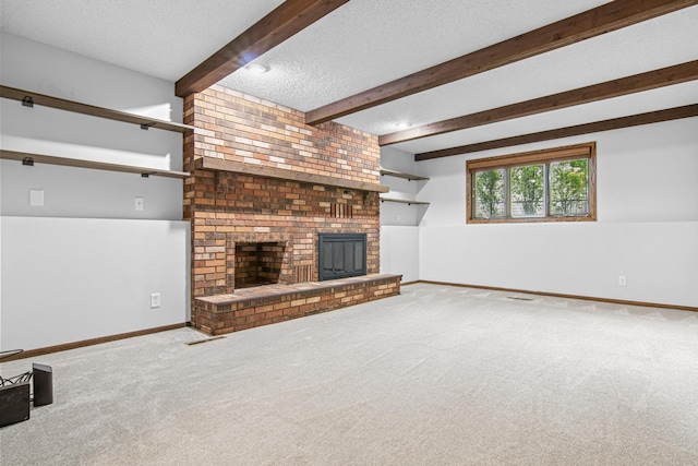 7401 River Shore Ln, Champlin, MN 55316 - unfurnished living room with a fireplace, carpet, beam ceiling, and a textured ceiling