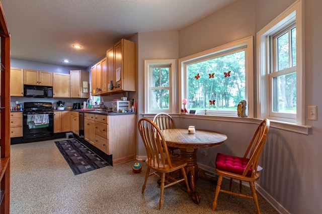 15212 667th St, Wabasha, MN 55981 - kitchen featuring black appliances, light brown cabinetry, plenty of natural light, dark countertops, and recessed lighting