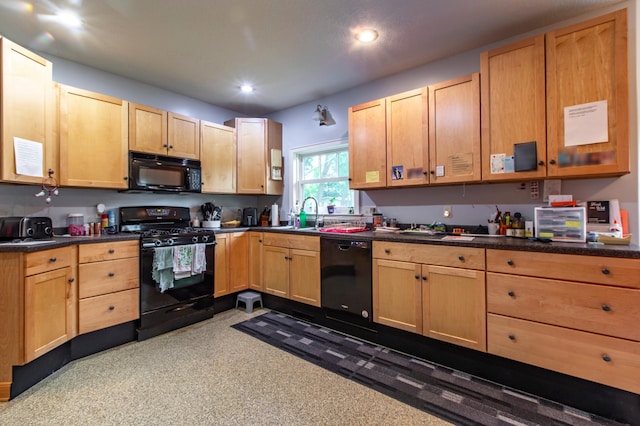 15212 667th St, Wabasha, MN 55981 - kitchen with black appliances, dark colored carpet, dark countertops, recessed lighting, and light brown cabinets