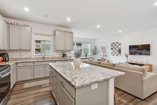 11121 Balsam Pointe Trl, Dayton, MN 55327 - kitchen with gray cabinetry, stainless steel range oven, wood finished floors, a kitchen island, and recessed lighting