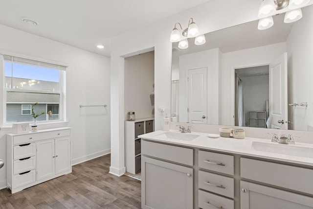 11121 Balsam Pointe Trl, Dayton, MN 55327 - bathroom with double vanity, wood finished floors, and recessed lighting