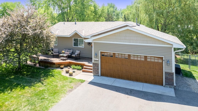 1962 72 1/2 St, Centerville, MN 55038 - view of front of home featuring an outdoor hangout area, stone siding, a garage, roof with shingles, and a deck